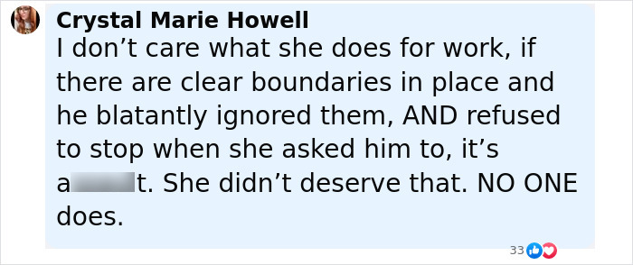 Comment from Crystal Marie Howell expressing outrage over assault and boundary violations involving co-star.
