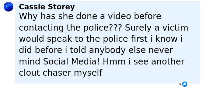 User comment expressing skepticism about a video made before contacting police in assault case involving co-star.