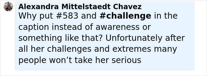 Comment by Alexandra Mittelstaedt Chavez questioning use of #583 and #challenge hashtags instead of awareness in post about assault and extremes.