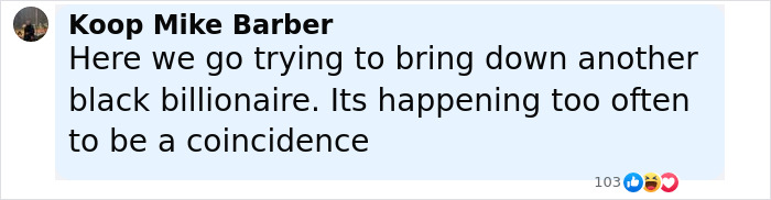 Facebook comment by Koop Mike Barber criticizing attempts to bring down a black billionaire amid harassment messages.