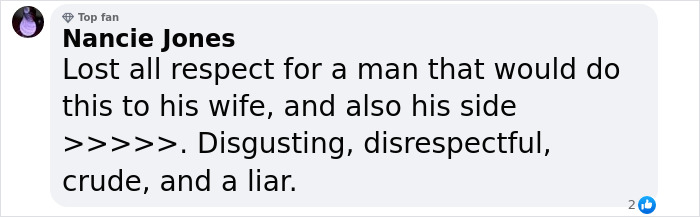 Comment from social media user Nancie Jones expressing strong disapproval of Hugh Jackman's relationship behavior.