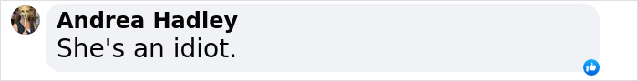 Facebook comment by Andrea Hadley saying "She's an idiot" with a profile picture of a woman.