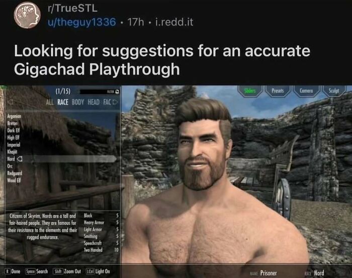 Skyrim character creation screen showing a muscular Nord character for a Gigachad playthrough suggestion.