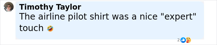 Screenshot of a social media comment by Timothy Taylor humorously mentioning expert and airline pilot shirt in a casual tone.