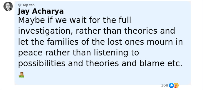 User comment by Jay Acharya expressing a view on waiting for full investigation before blaming in Air India crash theories discussion.