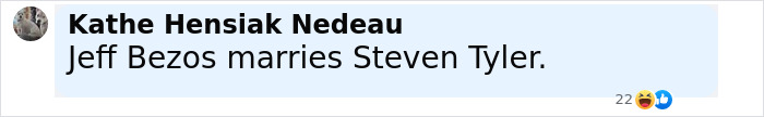 Text screenshot showing a social media comment about Jeff Bezos marrying Steven Tyler, highlighting online buzz.