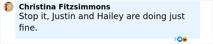 Comment from Christina Fitzsimmons defending Justin and Hailey Bieber amid Father's Day and Mother's Day social media posts.