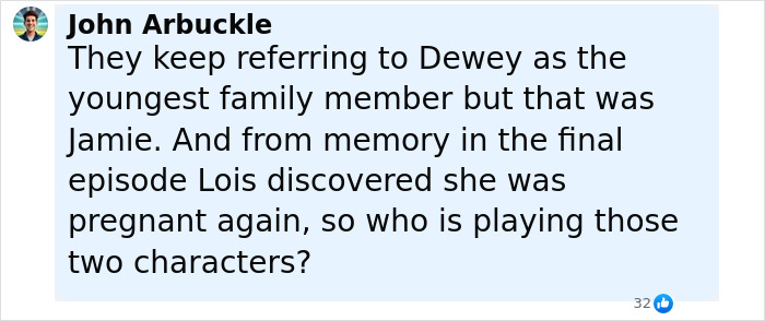 Screenshot of a social media comment discussing Dewey’s character and family details in Malcolm In The Middle comeback. Screenshot of a social media comment discussing Dewey’s character and family details in Malcolm In The Middle comeback.