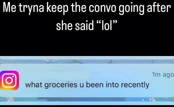 Text message screenshot showing someone trying to keep the convo going with a question about recent groceries, funny moments shared.