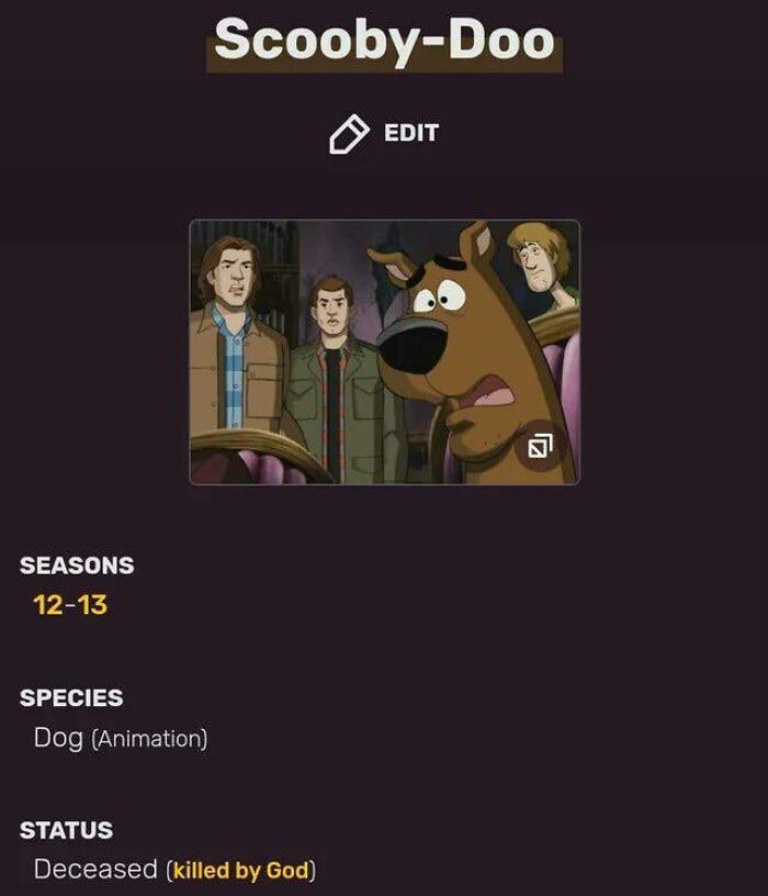 Screenshot from Scooby-Doo animation series showing character status as deceased with a surprising cause.