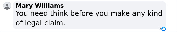 Screenshot of a Facebook comment by Mary Williams advising caution before making any legal claim.