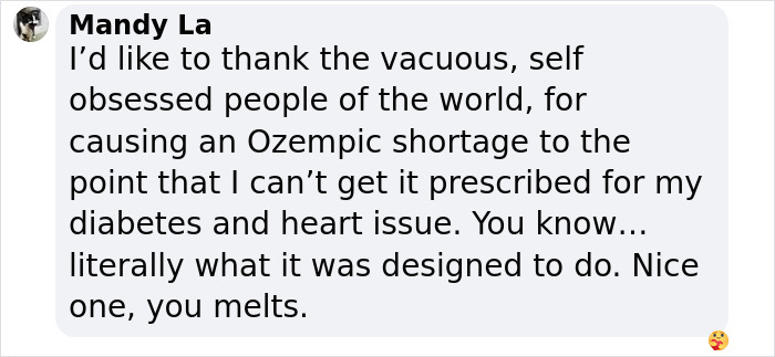 Screenshot of social media comment expressing frustration over Ozempic shortage affecting diabetes and heart issue prescriptions.