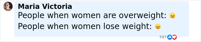 Text from Maria Victoria about people's reactions to women being overweight and losing weight, related to Lizzo rumored Ozempic use and weight-loss method.