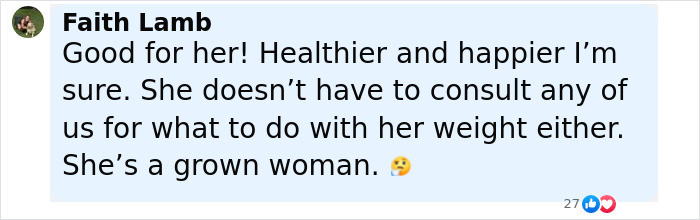 Online comment from Faith Lamb discussing Lizzo&rsquo;s weight-loss method and addressing rumored Ozempic use with a positive tone.