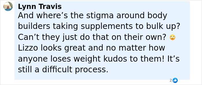 Comment discussing the stigma around supplements and praising Lizzo&rsquo;s weight loss journey with reference to Ozempic rumors.