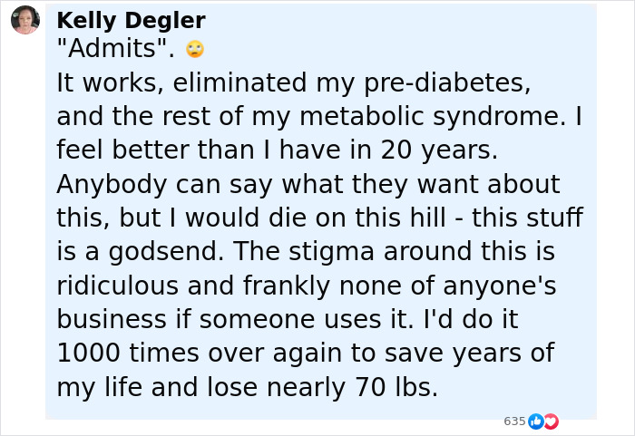 User comment defending Ozempic use for weight loss, addressing stigma and sharing personal health improvements.