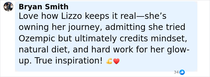 Comment praising Lizzo for addressing rumored Ozempic use and crediting mindset and natural diet for weight loss.
