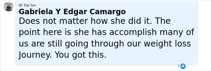 Comment from Gabriela Y Edgar Camargo supporting weight loss journeys, related to Lizzo's rumored Ozempic use and weight-loss method.