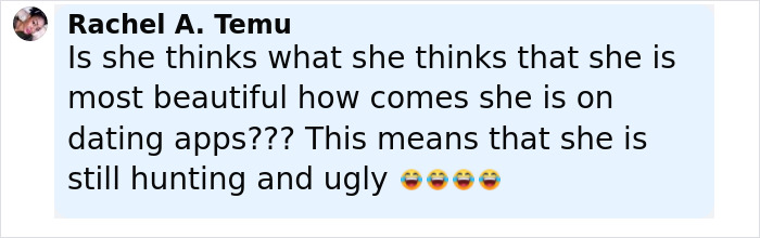 Screenshot of a social media comment discussing a woman banned from dating apps for being too beautiful after plastic surgery.