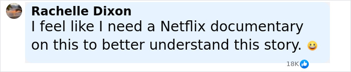 Comment by Rachelle Dixon expressing interest in a Netflix documentary to understand the story better. Comment by Rachelle Dixon expressing interest in a Netflix documentary to understand the story better.