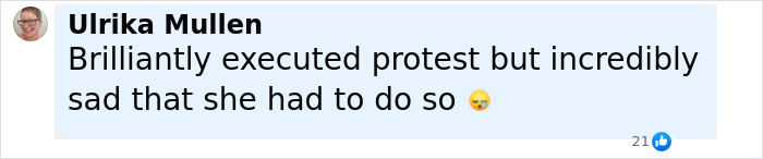 Comment from Ulrika Mullen expressing sadness about the brilliantly executed protest by trans woman swimming topless against men.