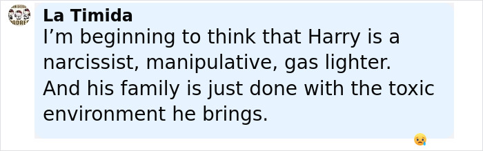 Comment expressing opinion on Prince Harry's family and toxic environment amid King Charles' Father's Day message.