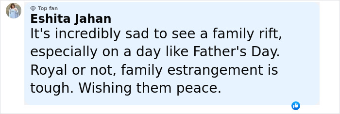 Comment expressing sadness over family rift on Father&rsquo;s Day amid King Charles and Prince Harry&rsquo;s reconciliation call.