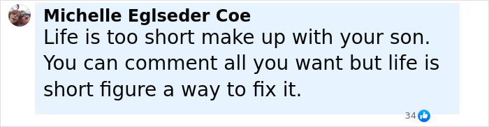 Comment from Michelle Eglseder Coe urging reconciliation with son, related to King Charles Father's Day message and Prince Harry call.