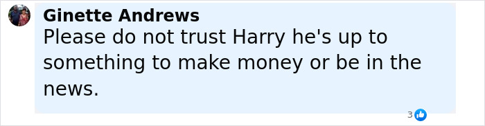 Comment by Ginette Andrews expressing distrust in Harry's intentions amid King Charles Father's Day message and reconciliation call.