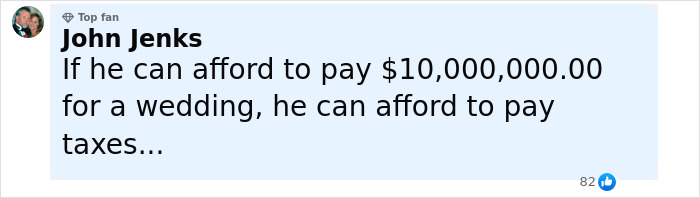 Comment from John Jenks expressing opinion on Jeff Bezos' lavish wedding spending and taxes, with 82 likes. Comment from John Jenks expressing opinion on Jeff Bezos' lavish wedding spending and taxes, with 82 likes.