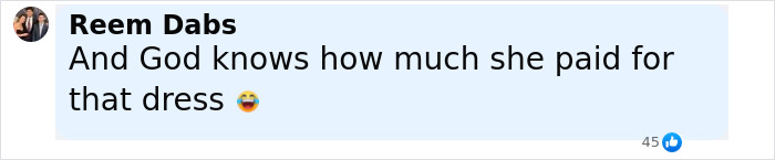 Comment by Reem Dabs reacting to wardrobe malfunction, mentioning the cost of the dress with a laughing emoji. Comment by Reem Dabs reacting to wardrobe malfunction, mentioning the cost of the dress with a laughing emoji.