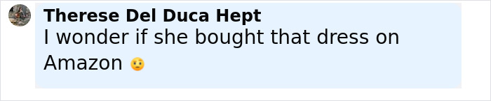 Comment by Therese Del Duca Hept questioning if Leonardo DiCaprio's girlfriend bought her dress on Amazon. Comment by Therese Del Duca Hept questioning if Leonardo DiCaprio's girlfriend bought her dress on Amazon.