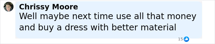 Comment from Chrissy Moore suggesting to use money to buy a dress with better material referencing Leonardo DiCaprio's girlfriend wardrobe malfunction. Comment from Chrissy Moore suggesting to use money to buy a dress with better material referencing Leonardo DiCaprio's girlfriend wardrobe malfunction.