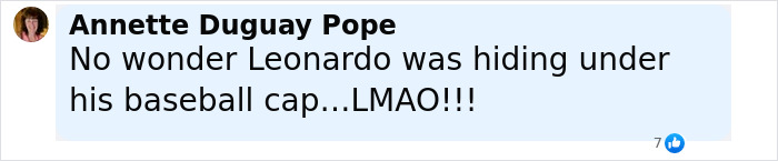 Comment mentioning Leonardo and a baseball cap, reacting humorously to wardrobe malfunction at Jeff Bezos and Lauren Sánchez wedding bash. Comment mentioning Leonardo and a baseball cap, reacting humorously to wardrobe malfunction at Jeff Bezos and Lauren Sánchez wedding bash.