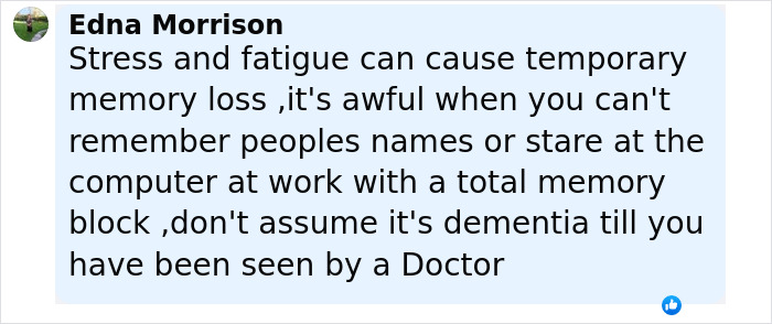 Screenshot of a social media comment discussing memory loss and dementia by a single mom with early-onset Alzheimer's.