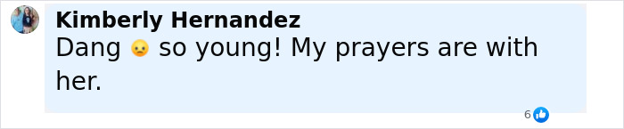 Comment by Kimberly Hernandez expressing concern and prayers for a single mom with early-onset Alzheimer's.