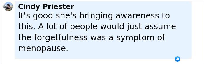 Comment from Cindy Priester highlighting awareness of early-onset Alzheimer's symptoms often mistaken for menopause.