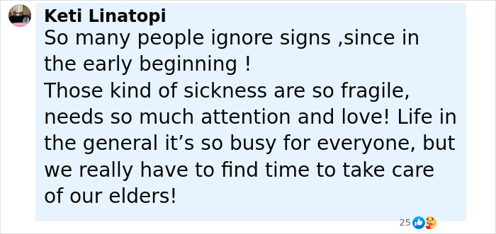 Comment discussing the fragile nature of early-onset Alzheimer's and the need for care and attention for affected single moms.
