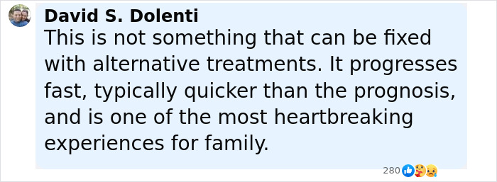 Comment by David S. Dolenti discussing the fast progression and heartbreak of early-onset Alzheimer's for families.