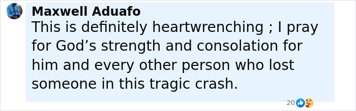 Comment by Maxwell Aduafo expressing prayers for strength and consolation after the Air India crash tragedy.