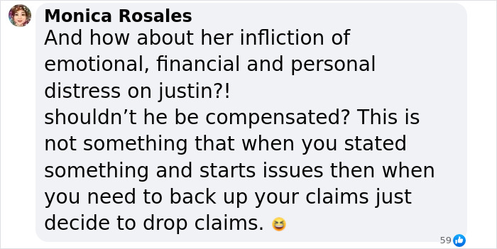 Comment discussing emotional and financial distress claims dropped by Blake Lively in lawsuit involving Justin Baldoni.