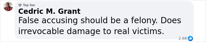 Comment by Cedric M. Grant stating false accusing should be a felony for damaging real victims, discussing Blake Lively lawsuit.