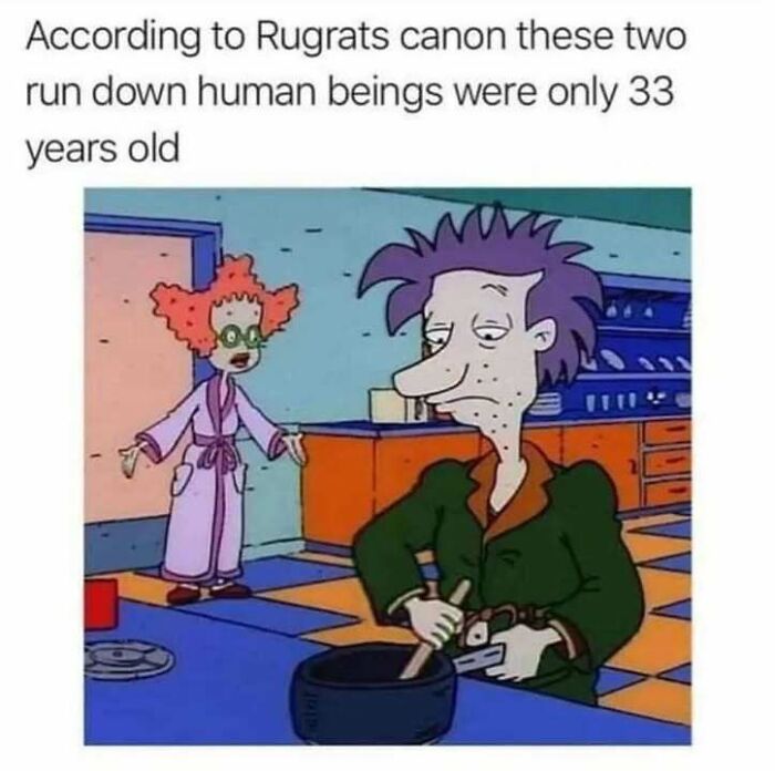 Cartoon characters from Rugrats depicted as run-down humans, sparking curiosity in viral hmmm moments.