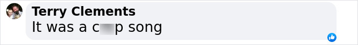 Facebook comment by Terry Clements expressing a negative opinion about James Blunt’s hit You're Beautiful song. Facebook comment by Terry Clements expressing a negative opinion about James Blunt’s hit You're Beautiful song.