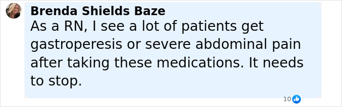 Comment from Brenda Shields Baze, a registered nurse, warning about severe abdominal pain linked to organ-destroying Ozempic and Mounjaro.