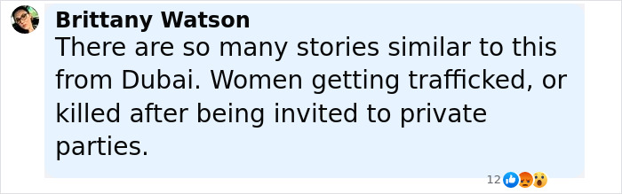 Comment on social media by Brittany Watson discussing stories of women trafficked or killed after private parties in Dubai.