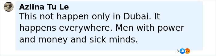 Comment by Azlina Tu Le discussing abuse of power and its impact, mentioning Dubai and broader societal issues.