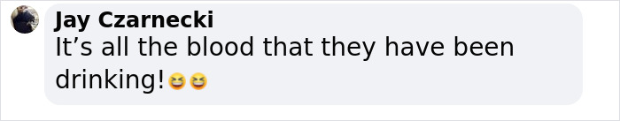 Comment by Jay Czarnecki mentioning blood drinking, displayed in a Facebook-style social media interface.