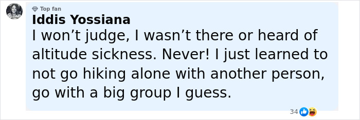 Comment from user Iddis Yossiana discussing altitude sickness and hiking safety advice in a social media post.