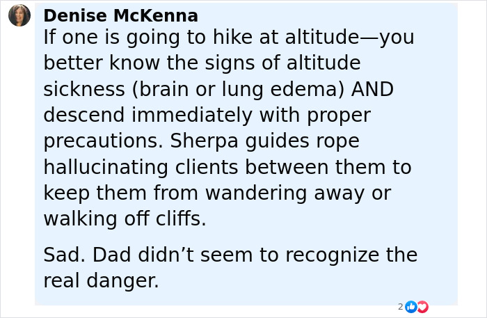Comment warning about altitude sickness and hallucinating son walking off cliff, highlighting terrifying words before the fall.